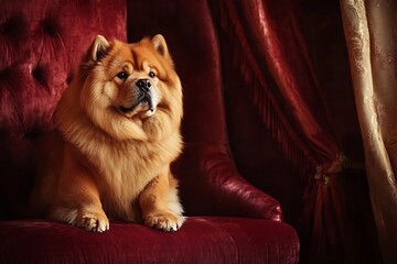 Chow Chow sitting like a lion in rich velvet room setting