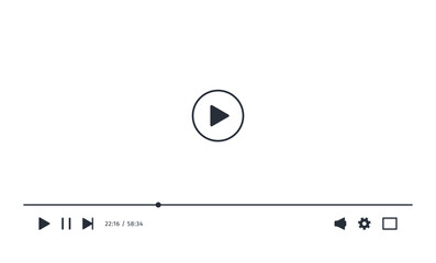 Video Screen icon white mode. Screenshot of Video Media Player. App interface to playback film live streaming. Control minimalist Button. Simple elegant display.