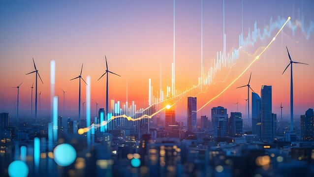 Wind turbines and city skyline with rising stock market graph at sunset
