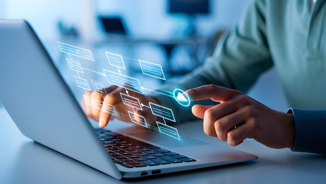 Person interacting with a futuristic digital flowchart on a laptop screen - Powered by Adobe