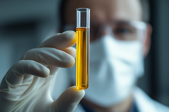 Medical researcher with test tube of separated blood plasma in clinical lab environment