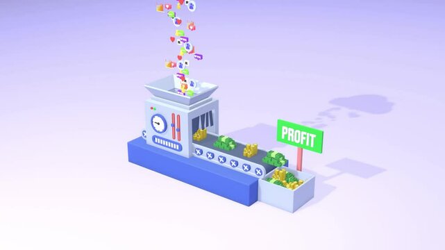 3d animation of a machine turns social media into profit.