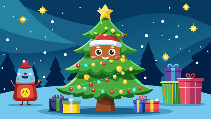 Cute cartoon christmas tree character with santa hat and presents in snowy night