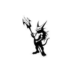 Illustrative depiction of a fierce, mythical creature wielding a trident in silhouette against a white backdrop