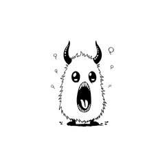 A funny surprised little monster, cartoon character illustration in black and white line drawing design style