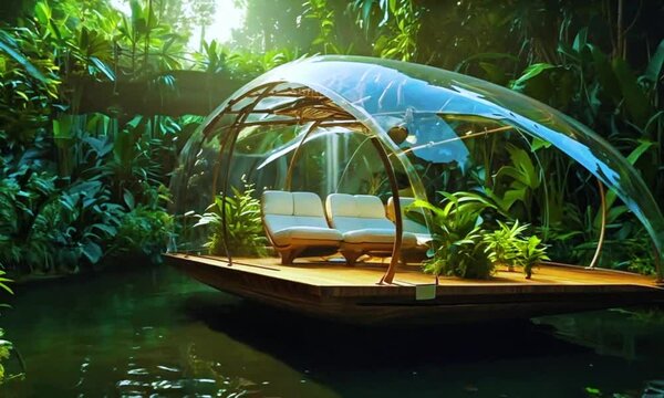 A glass-sided floating pavilion on a body of water, surrounded by lush greenery and plants, creating a serene and natural environment.