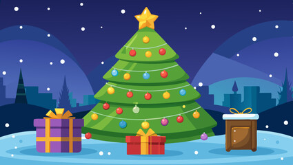 Festive christmas tree with presents and cityscape under a starry night sky