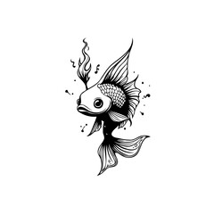 Stylized black and white drawing of a goldfish with flames and musical notes illustration art design