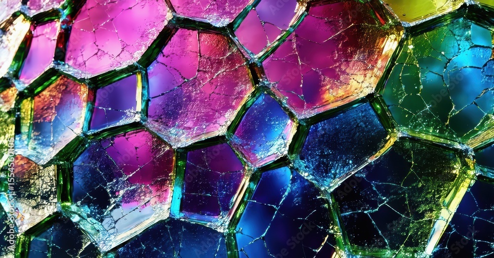 Poster Fractured surface displays vibrant colors. Hexagonal patterns dominate composition, creating abstract mosaic effect. Brightness contrasts with dark background.