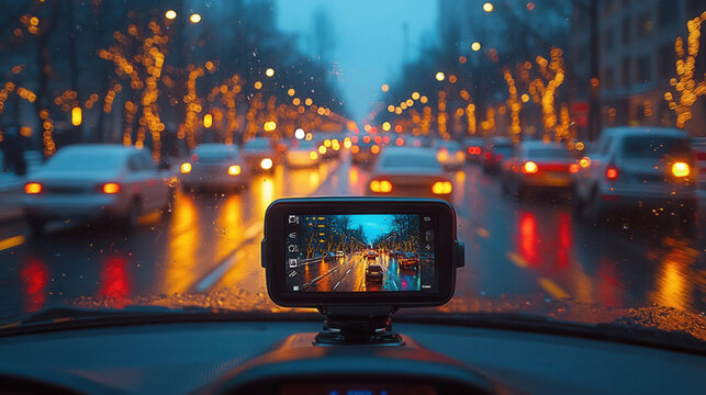 Car dashcam recording moving cars on crowded downtown road, surveillance footage style 