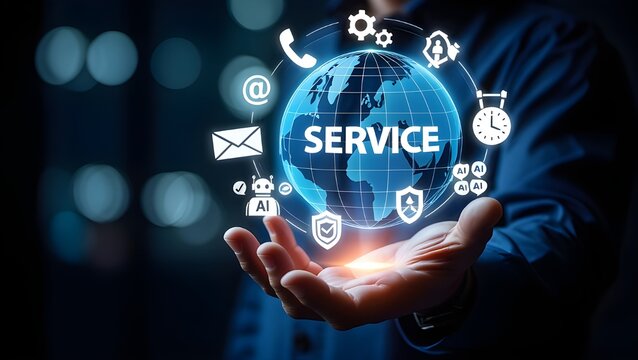 Global service concept with digital icons and ai technology displayed on a person s hand