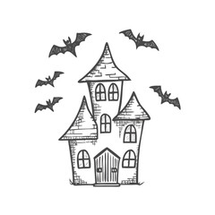 Hand-drawn haunted house with crooked towers and flying bats, looking like a spooky Halloween illustration on white background. Playful and eerie sketch. Concept haunted building, spooky decor, Octobe