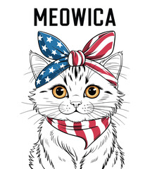 Patriotic Cat Illustration with American Flag Bandana and Headband for Independence Day Celebrations and National Pride Designs