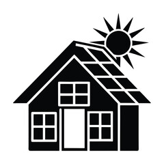 Modern house silhouette featuring a solar panel roof and a bright sun symbolizing renewable energy and eco friendly living