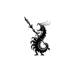 Black and white illustration of a ferocious fantasy creature holding a spear in battle stance