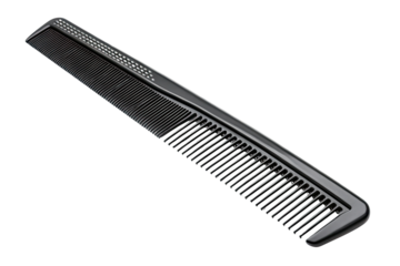 Black professional hair comb with fine teeth and decorative elements isolated on transparent background