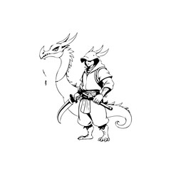 Illustration of a samurai warrior with sword alongside a dragon in a minimalist style artwork in black and white