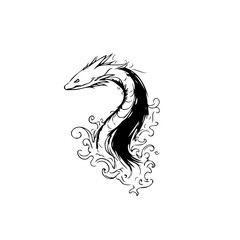 Enigmatic sea serpent emerges from swirling depths in captivating monochrome illustration offering a touch of mystery