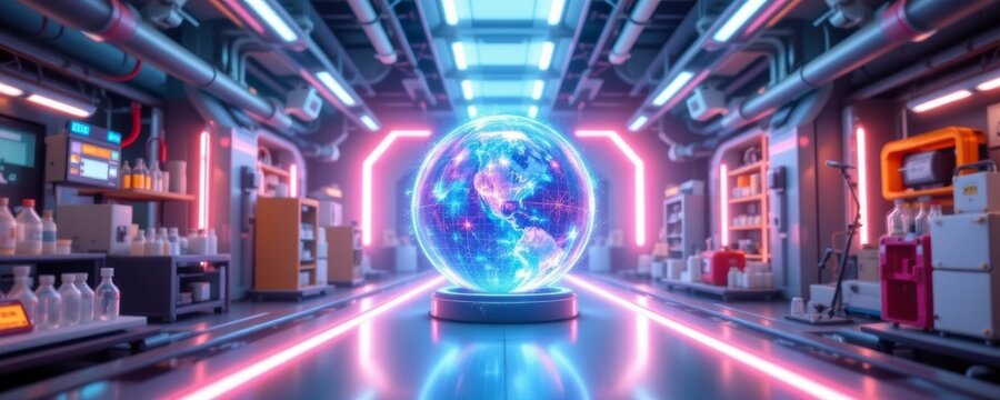 Futuristic Laboratory with Glowing Global Network Sphere