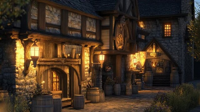 Warmly lit fantasy tavern exterior with timber details and lantern glow, ideal for medieval-style animated backgrounds