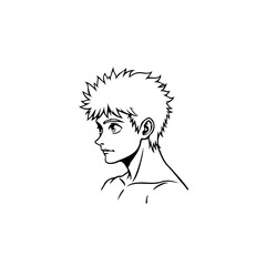 Black and white anime style illustration of a young man with spiky hair looking forward art