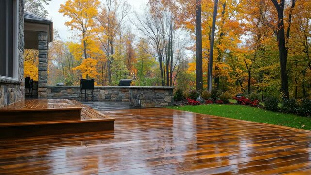 Wet patio deck with natural wood finish, stone exterior wall, and vibrant fall foliage, ideal for cozy outdoor visuals