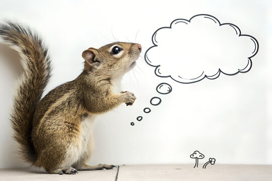 Squirrel with a thought bubble above its head isolated on white background