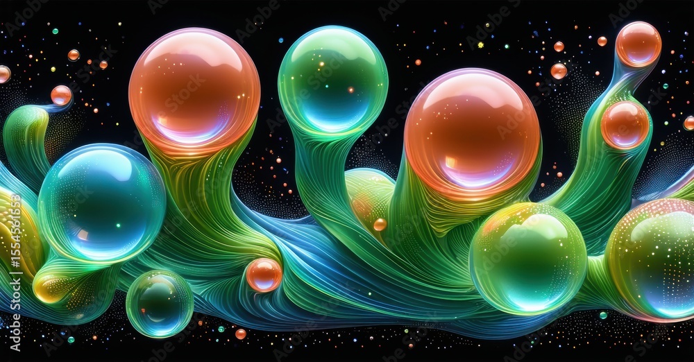 Poster Colorful bubbles rise from wavy base. Vibrant hues blend, creating fluid abstract pattern. Background is dark, emphasizing luminosity.