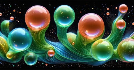 Colorful bubbles rise from wavy base. Vibrant hues blend, creating fluid abstract pattern. Background is dark, emphasizing luminosity.