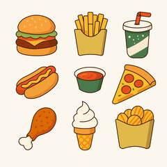 Unique vector icons of popular fast food items, including burger, fries, soda, hot dog, ketchup, pizza, chicken, ice cream, and snacks. 