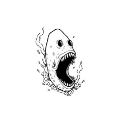 Cartoonish screaming fish character with pointy teeth vector art, illustration, isolated element drawing is so creepy