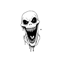 A haunting monochrome illustration of a grinning skull, perfect for halloween and spooky themes with dripping details
