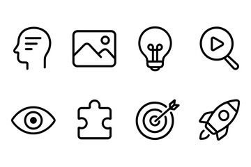 Creative icons set featuring innovation, exploration, and problem solving, vector illustration