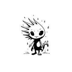 Adorable creature with spiky hair stands in a whimsical black and white drawing illustration design
