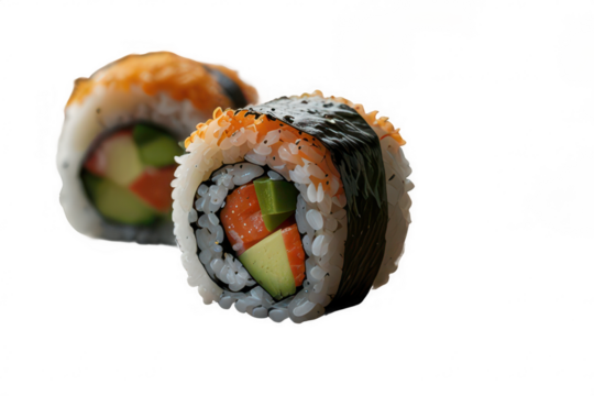 Delicious california sushi roll with avocado and salmon on black background on transparent background