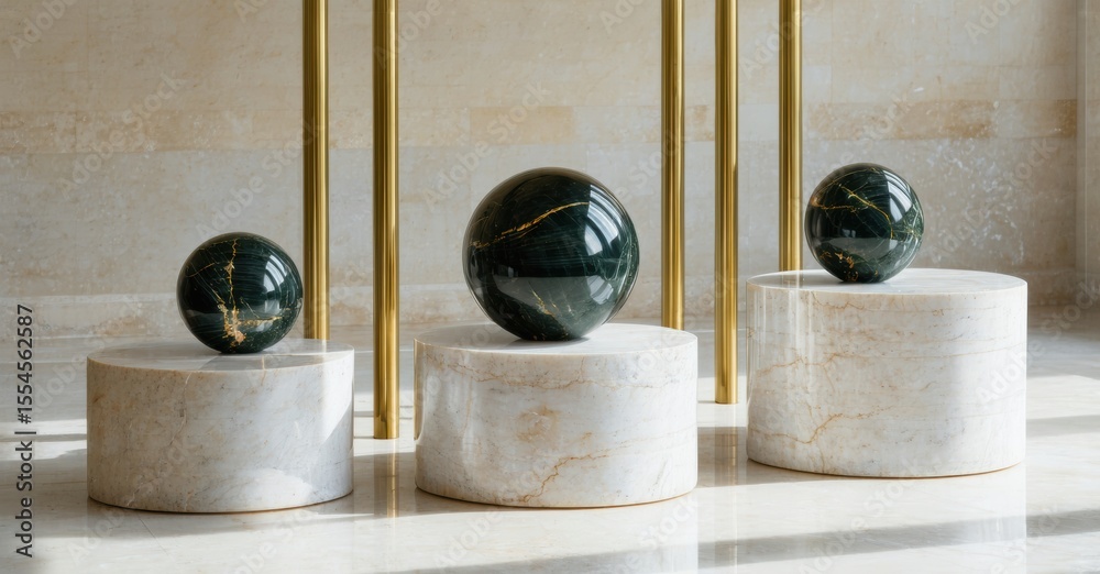 Poster minimalist display. dark spheres rest atop light marble pedestals. golden pillars provide backdrop. 