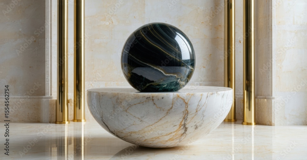 Poster marble sphere rests atop bowl. gold columns frame scene. light reflects off polished surfaces, creat