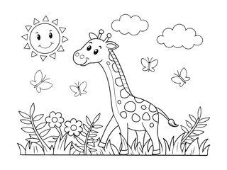 Naklejka premium Cute giraffe and flowers easy coloring page for kids. A cute giraffe coloring page