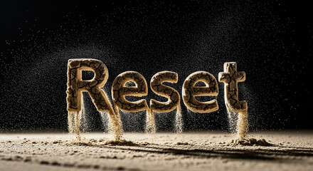 Artistic conceptualization of the word Reset using sand and a dark background, evoking themes of starting fresh or new beginnings.