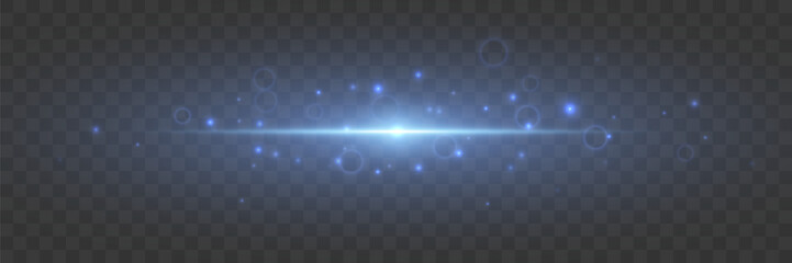 Abstract bright beam of blue light explodes. Flash of bright blue light. Glowing line with dust. EPS 10 on transparent background.