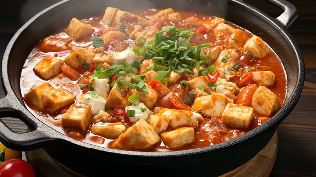 Mapo tofu steaming in cast iron pan, garnished with chopped scallions