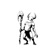 Illustration of a demonic creature with horns holding a weapon, suitable for fantasy games or dark art