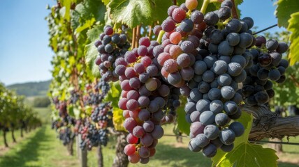 red and black grapes hanging on the vine in a vineyard