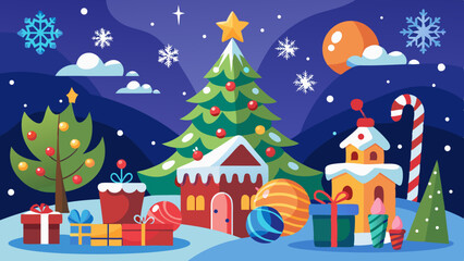 Festive christmas scene with decorated trees houses gifts and snowflakes