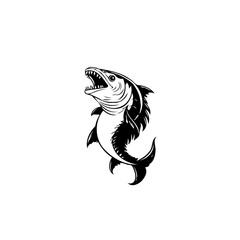 Barracuda illustration in black and white showing a wild sea predator with open mouth and sharp teeth