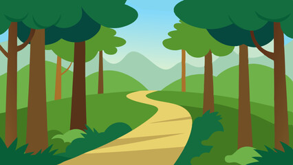 Cartoon forest landscape with green grass trees and fluffy clouds in a blue sky