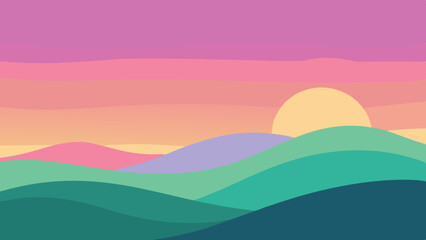 Obraz premium Cartoon landscape with green rolling hills trees clouds and rocks under blue sky