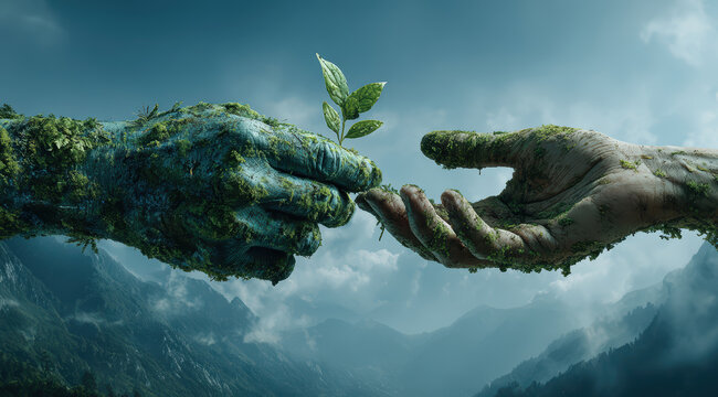 Two hands exchanging a small tree sapling promoting environmental conservation