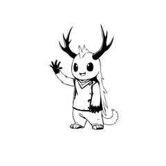 Cute cartoon creature with antlers waving hello in black and white illustration style vector design
