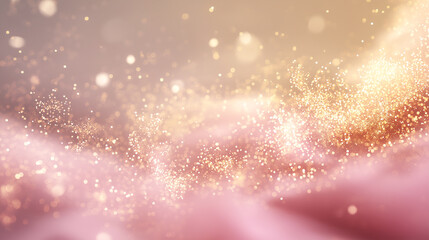 Abstract glitter background with soft golden and pink tones, dreamy bokeh lights, and a festive sparkle—ideal for luxury branding, celebration designs, or elegant event graphics.